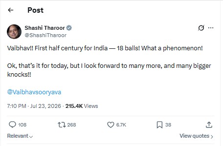 Shashi Tharoor On Vaibhav Sooryavanshi